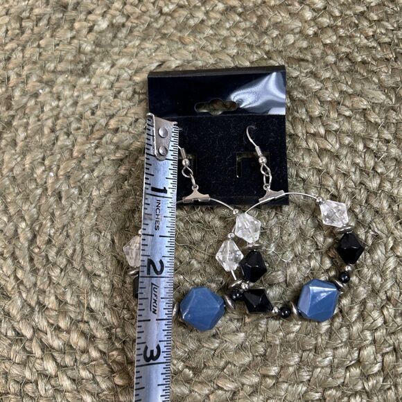 Hand Made Hoop Earrings Blue Black Clear Beads - Picture 3 of 3
